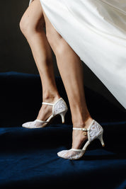 LunaSol wedding dance shoes, lace dance heel, the most comfortable shoes for weddings. Bride wearing fashionable lace dance shoes 